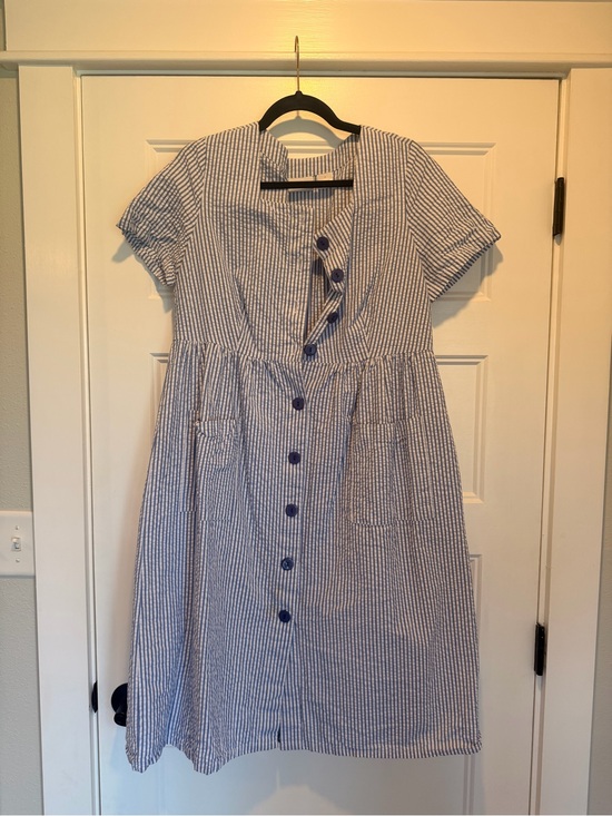 The Vermont Country Store Dresses & Skirts - Blue and White Seersucker Stripe Button-Front Midi Dress